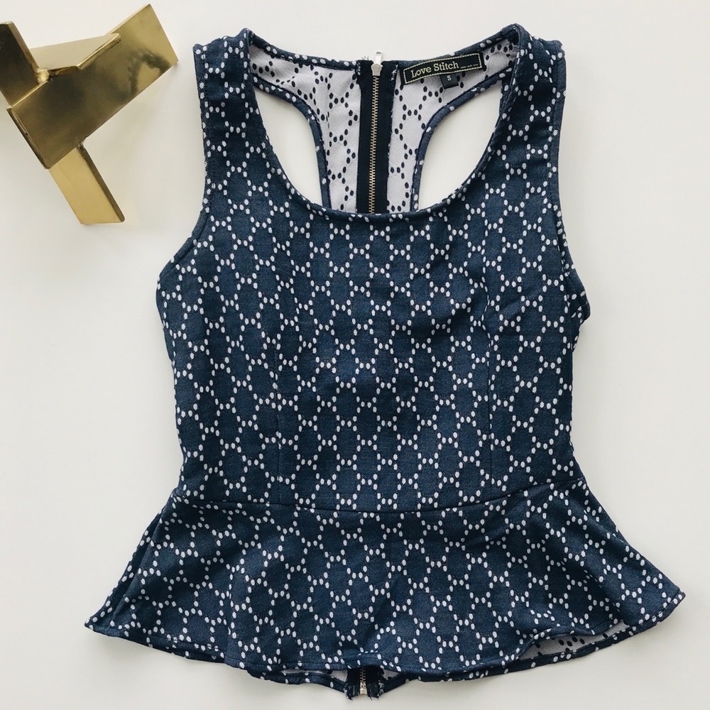 NWOT Love Stitch Peplum Tank blue & white sz small